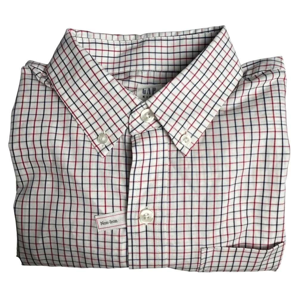GAP Kids‎ XXL 14-16 White Red Blue Plaid Non-Iron Long Sleeve Button Down Shirt